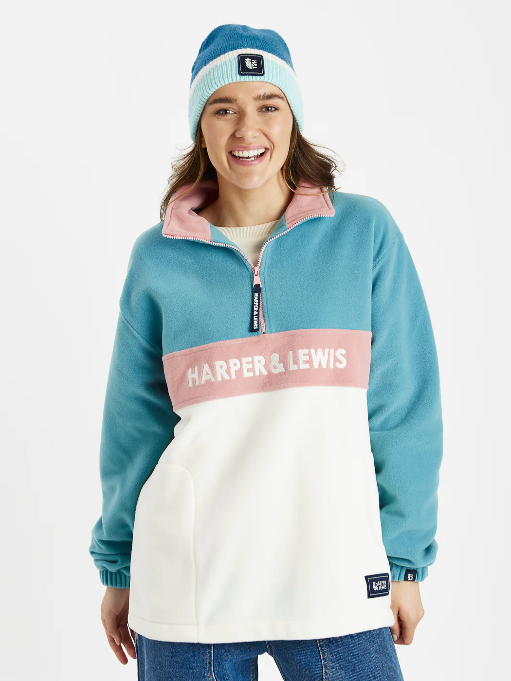 Mellow 1/4 Zip Fleece Steel Blue & Cream - Harper & Lewis