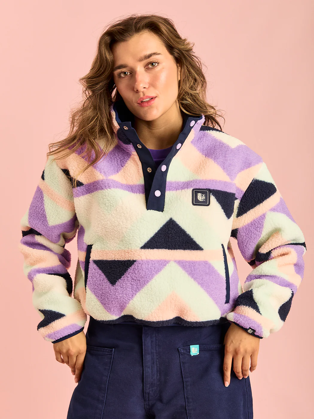 Indigo Retro Pattern Cropped Popper Neck Sherpa Fleece - Harper & Lewis