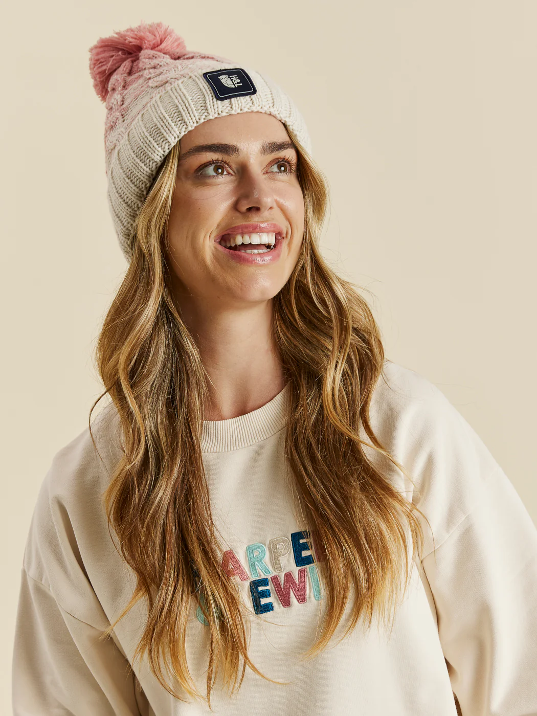 Solden Pom Pom Beanie Dusty Pink and Off White - Harper & Lewis