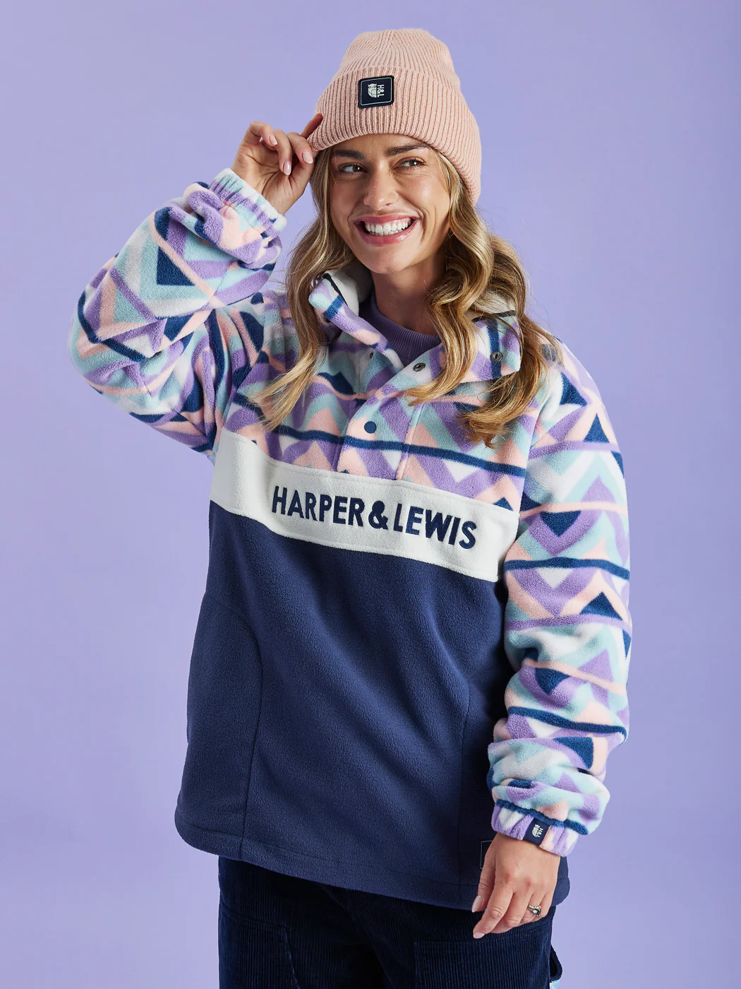 Polar Retro Pattern Popper Neck Fleece Aztec & Navy - Harper & Lewis