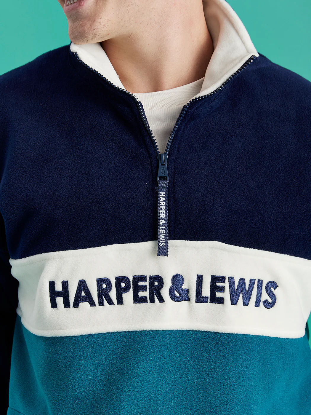 Mellow 1/4 Zip Fleece Navy & Teal Green - Harper & Lewis