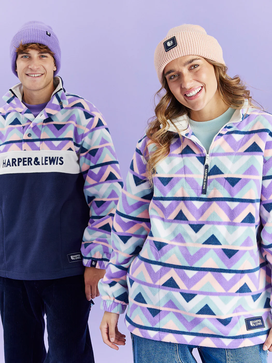 Raver Retro Pattern 1/4 Zip Fleece Cream & Navy - Harper & Lewis