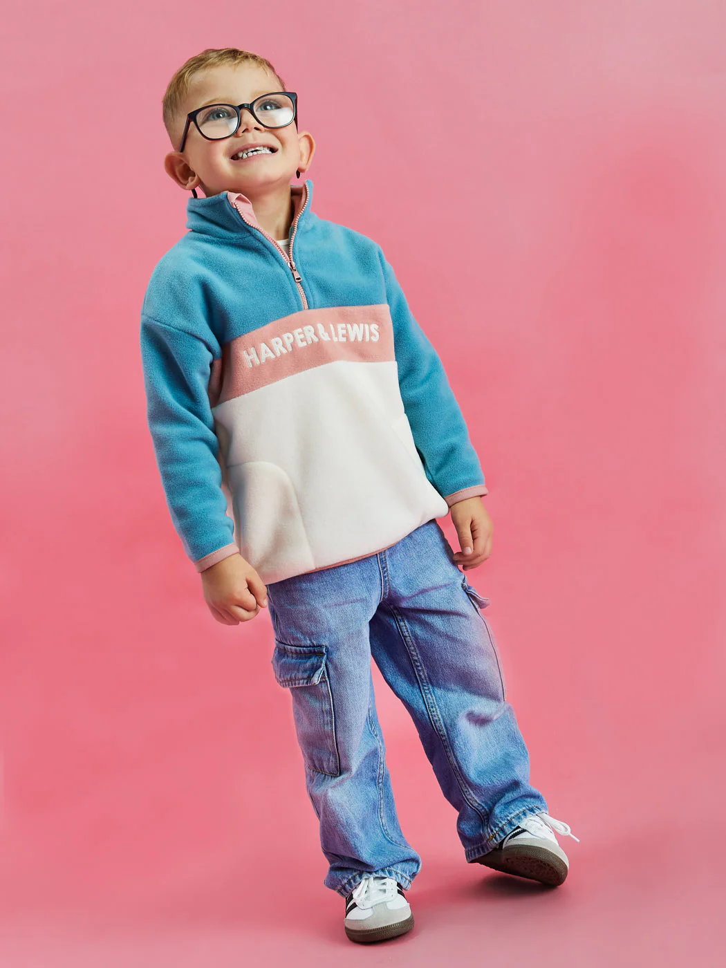 Kids Mellow 1/4 Zip Fleece Steel Blue & Cream - Harper & Lewis