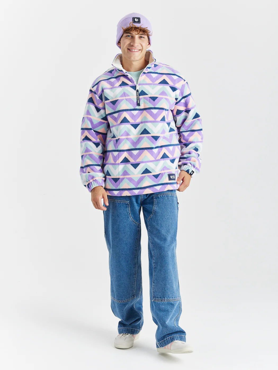 Raver Retro Pattern 1/4 Zip Fleece Cream & Navy - Harper & Lewis