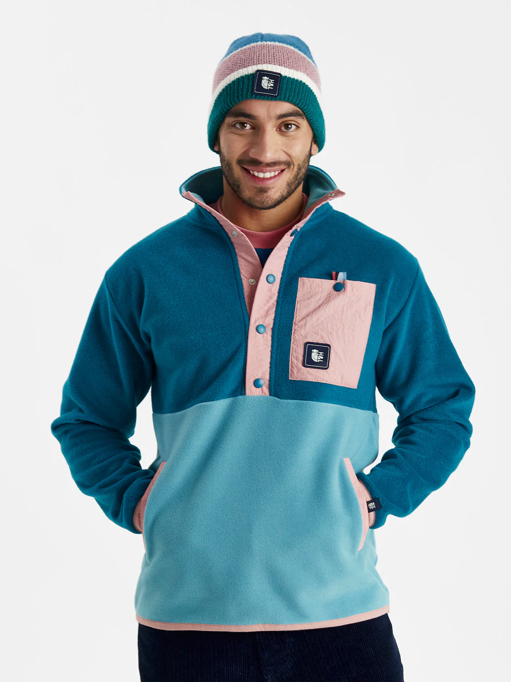 Aries Popper Neck Fleece Teal Green & Steel Blue - Harper & Lewis