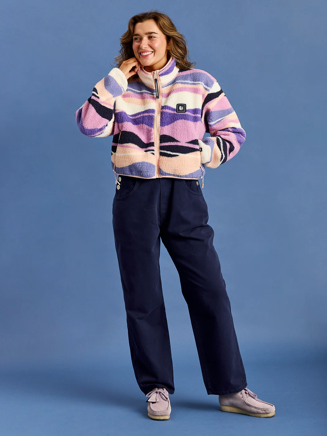 Lana Retro Pattern Cropped Sherpa Fleece Jacket - Harper & Lewis