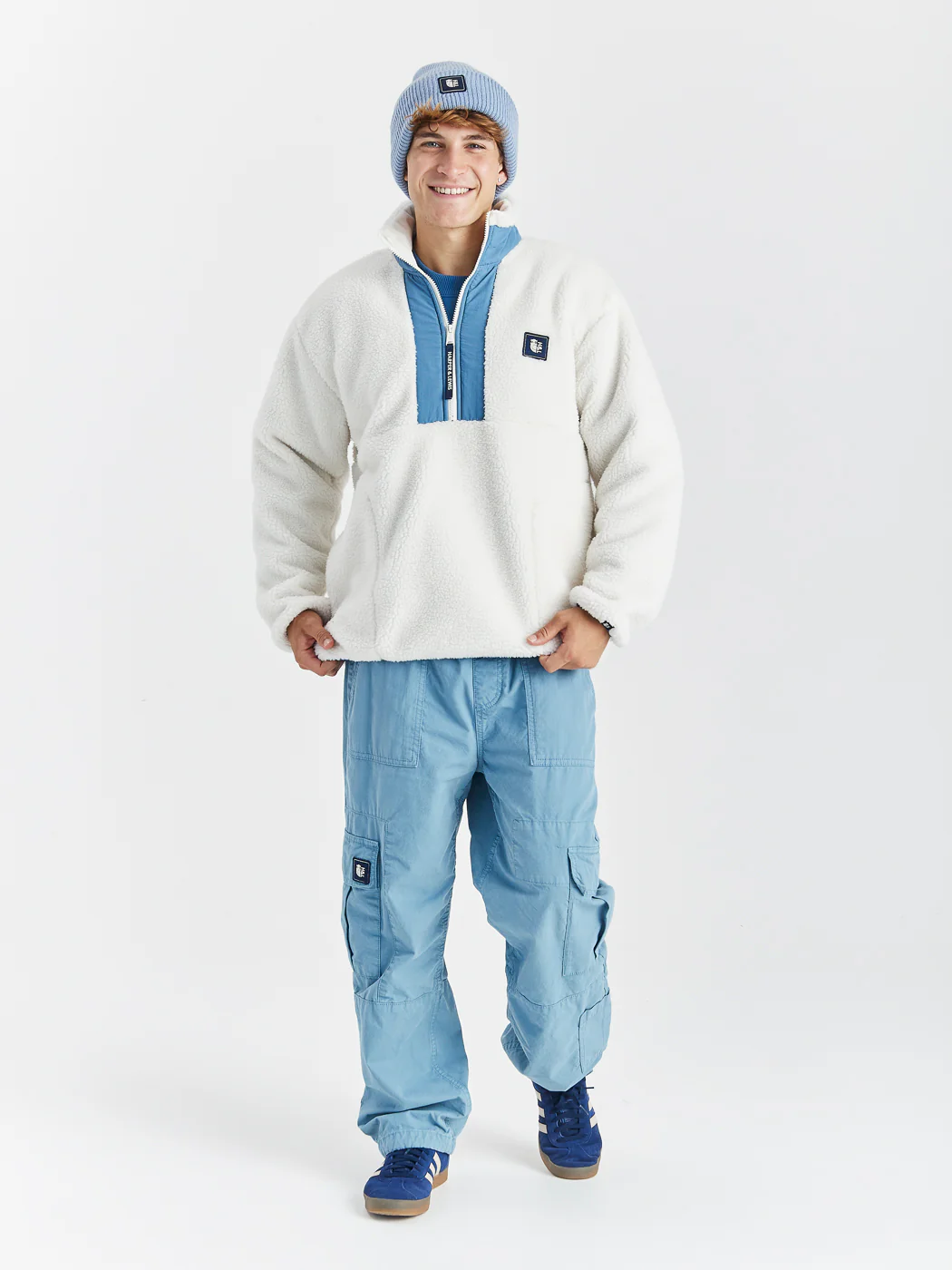Iris 1/4 Zip Sherpa Fleece Cream & Steel Blue - Harper & Lewis