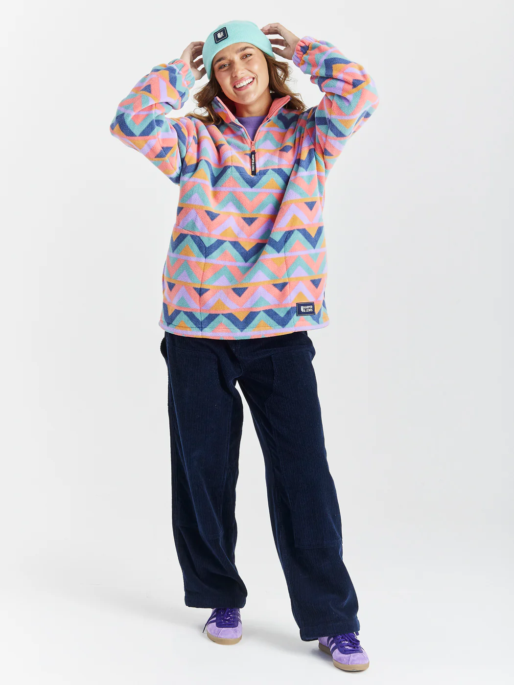 Raver Retro Pattern 1/4 Zip Fleece Coral & Airforce - Harper & Lewis