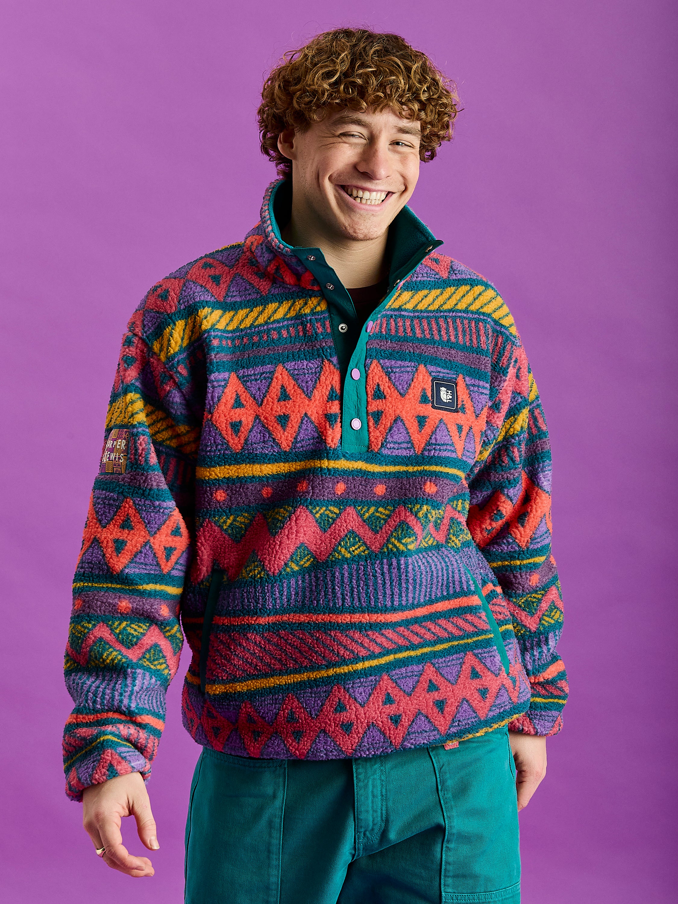 Charlie Retro Pattern Popper Neck Sherpa Fleece - Harper & Lewis