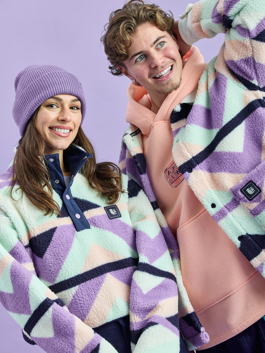 Indigo Retro Pattern Cropped Popper Neck Sherpa Fleece - Harper & Lewis