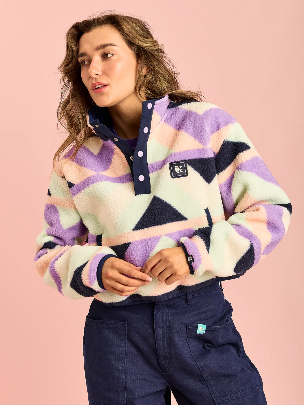 Indigo Retro Pattern Cropped Popper Neck Sherpa Fleece - Harper & Lewis