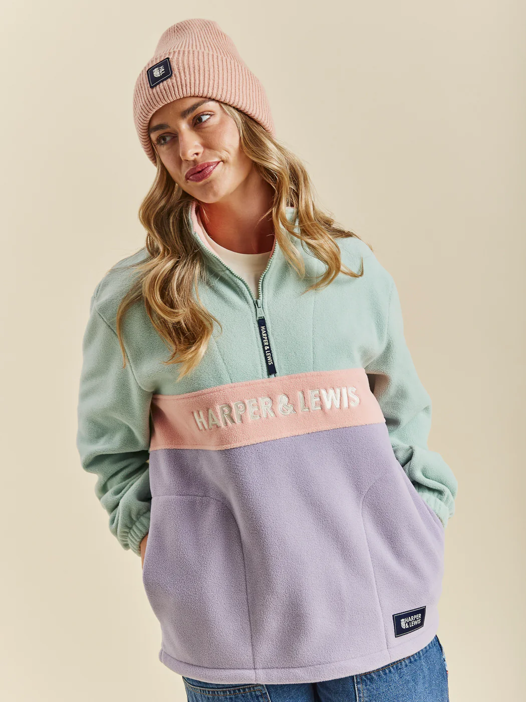 Mellow 1/4 Zip Fleece Light Sage & Light Lilac - Harper & Lewis