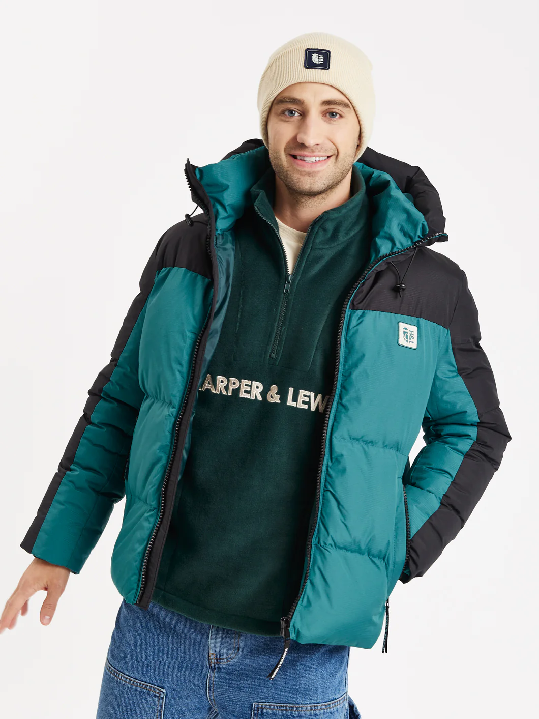 Soll Hooded Puffer Coat Black & Green - Harper & Lewis