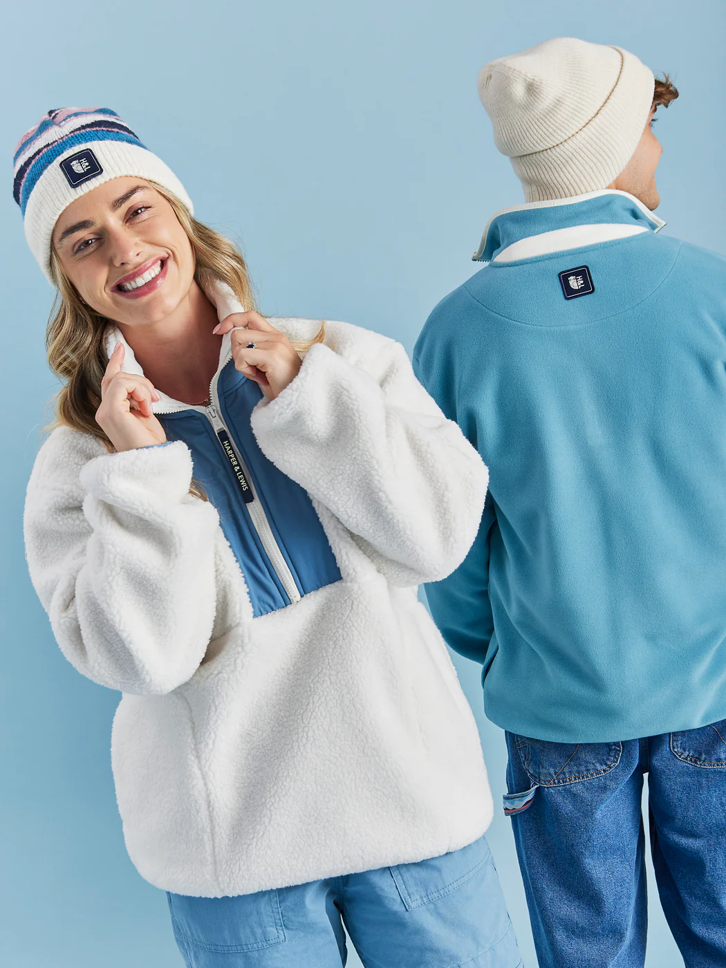 Iris 1/4 Zip Sherpa Fleece Cream & Steel Blue - Harper & Lewis